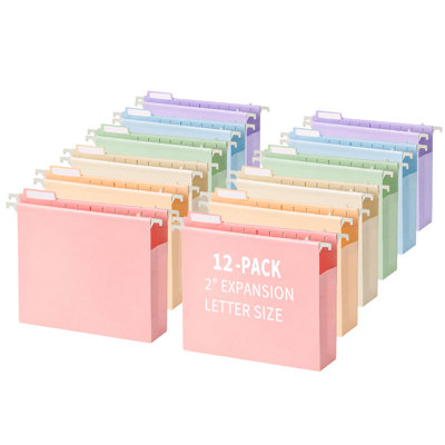 12-Pack Heavy Duty PP Hanging File Folders, 6 Pastel Macaron Colors with Expandable 2-Inch Accordion Sides, Waterproof Letter Size Document Organizers for Filing Cabinets