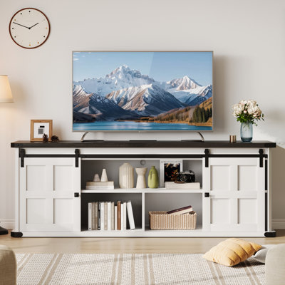 70 in Farmhouse TV Stand for 70-80 Inch TVs, Rustic Entertainment Center with Sliding Barn Doors, Storage Cabinets, Built-In Power Outlets