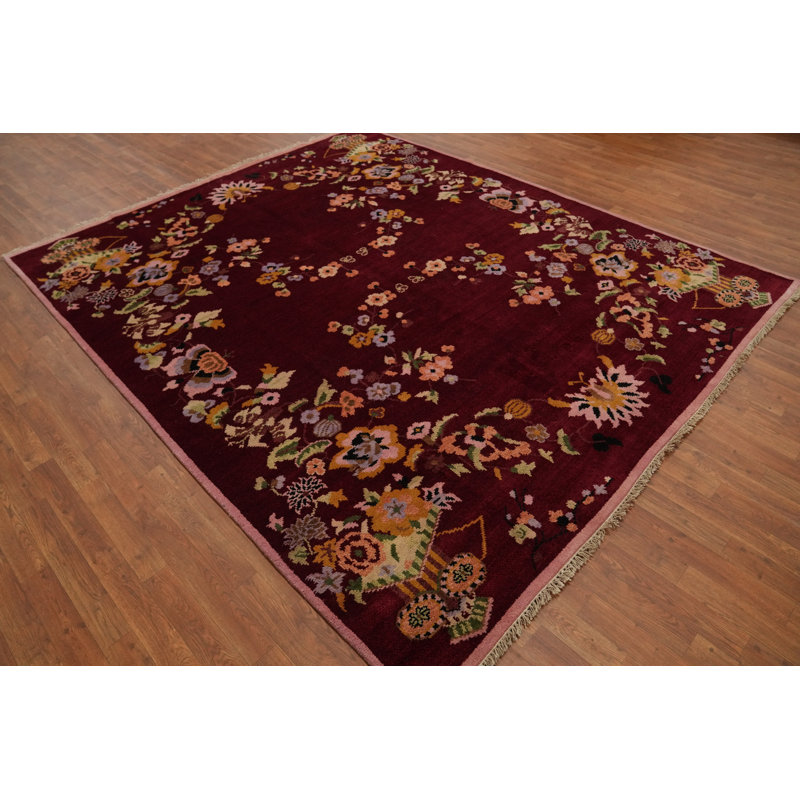 Tapis art déco rouge floral 8 x 10