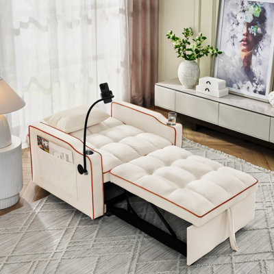 31 canapé-lit convertible 31 pouces - Port réglable, porte-gobelet en tissu de velours beige pour salon, chambre à coucher, appartement, dortoir, bureau extensible avec charge, 110 ° 140 ° 180 °