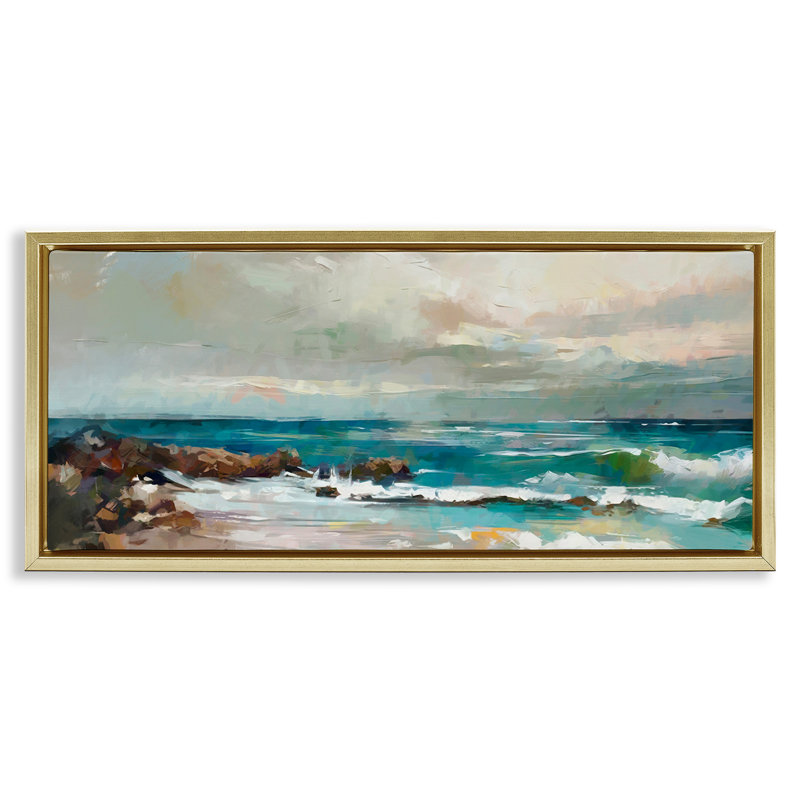 Rocky Ocean Waves, Cadre flottant métallique doré, H 14 po x l 31 po