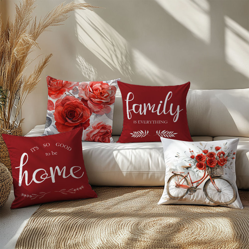4 housses de coussin décoratif à motif de bicyclette fleur