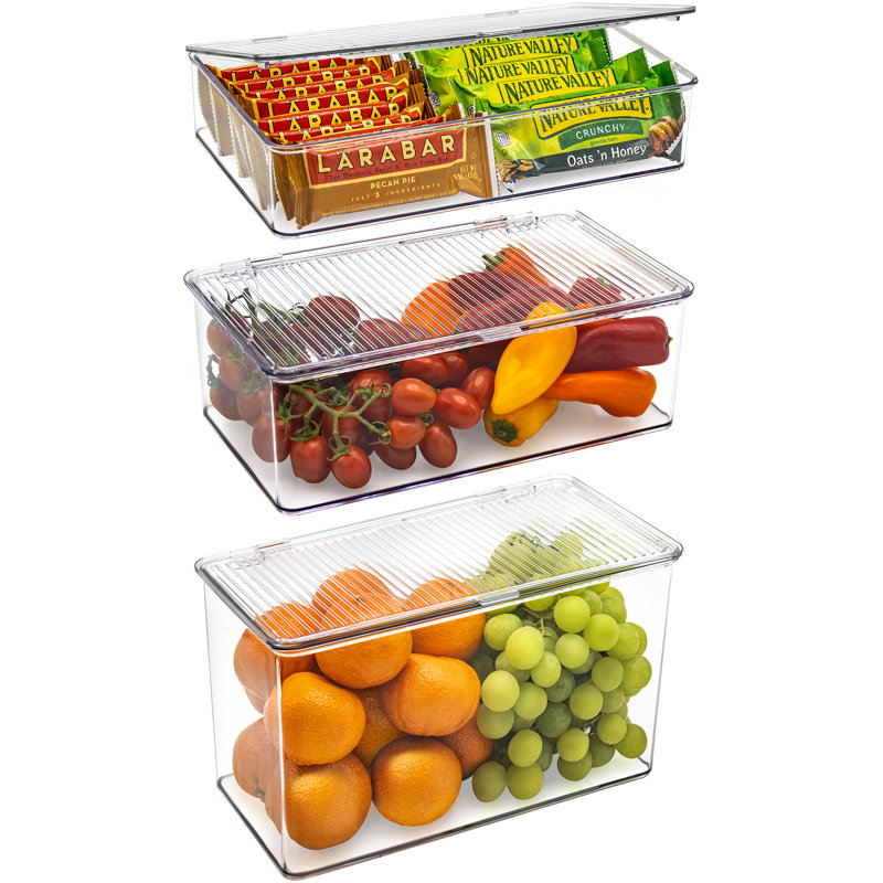  3 bacs de rangement variés pour garde-manger et réfrigérateur avec couvercles à charnières, 3 pièces