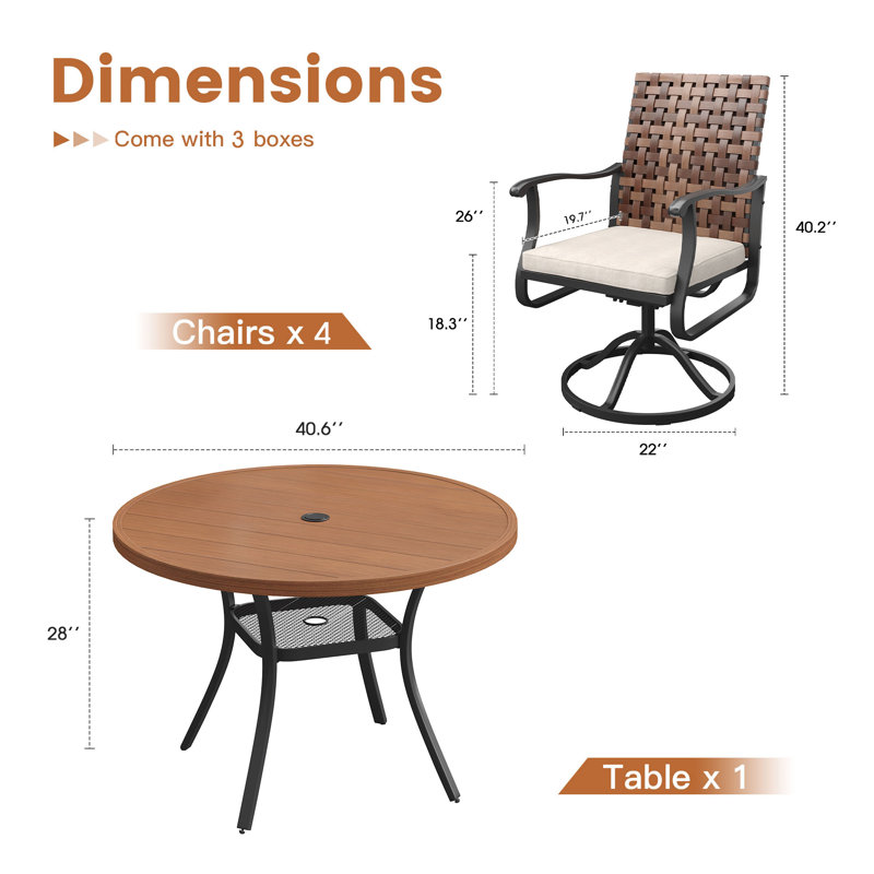 Ensemble repas d'extérieur 40,6 po pour 4 personnes avec chaises pivotantes en PE et coussin, Brun / bois brossé