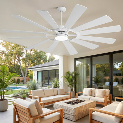 Grand ventilateur de plafond à deux pales à double finition avec lumière et télécommande, moteur à courant continu, réversible, ventilateur à DEL 3 couleurs intérieur / extérieur