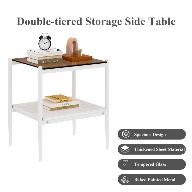 2-piece Modern End Tables Rectangle Side Table with Tempered Glass Top & MDF Storage Shelf, Living Room Accent Tables, Brown