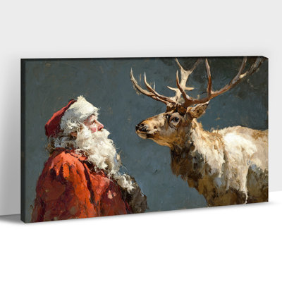 Grande décoration murale rétro Centre-ville - Père Noël et renne, peinture sur toile pour salon, impression de Noël, toile tendue encadrée, 28 po x 40 po