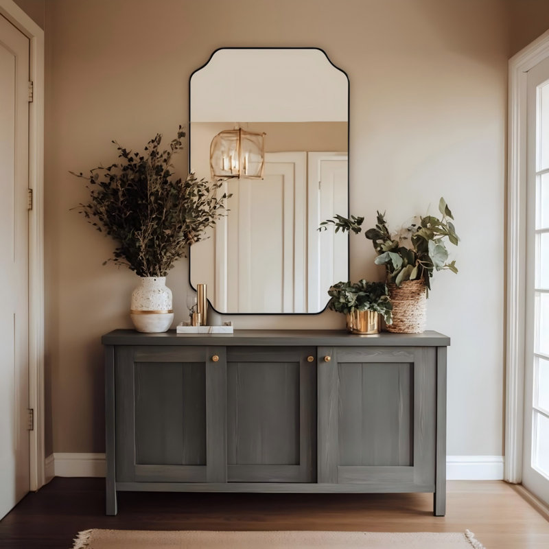 Modern Scalloped Corner Rectangle Bathroom Vanity Mirror | Stainless Steel Frame, Matte Black, 40" x 24"