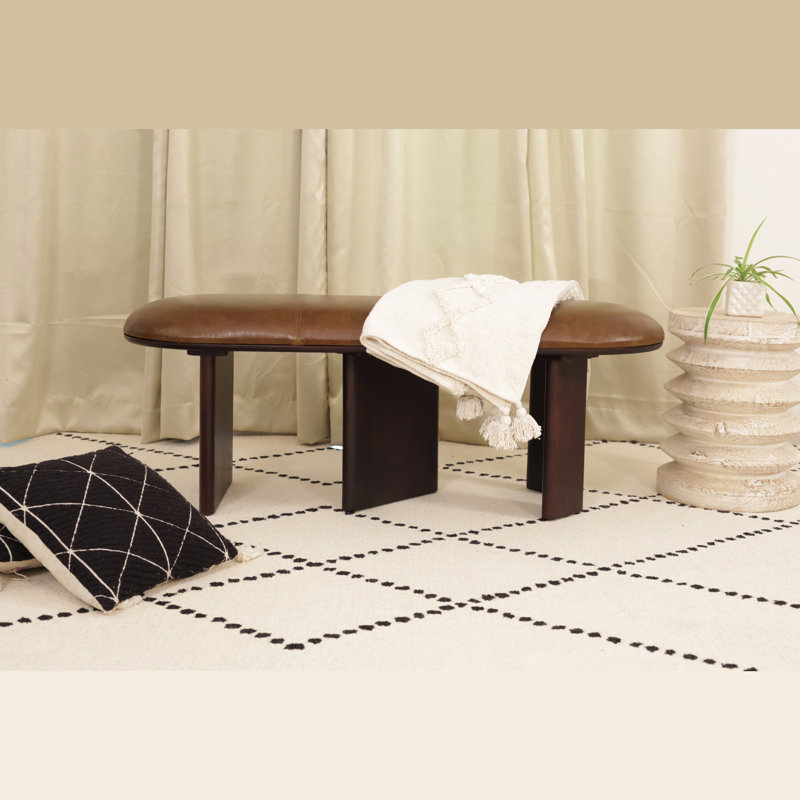 Banc rembourré 48 po en cuir véritable brun et bois massif, Noir