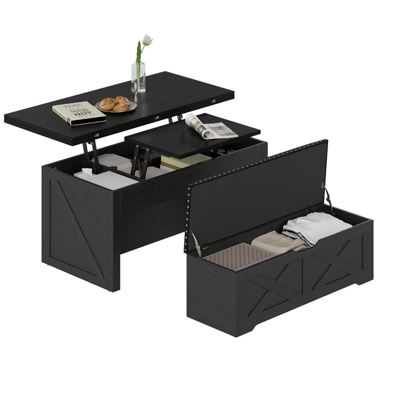 Table basse relevable avec rangement, ensemble de tables centrales extensibles avec banc repose-pieds, Noir