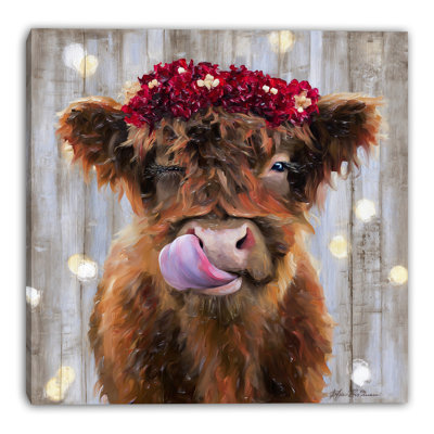 Vache qui cligne de l'œil avec couronne florale, lumières sur toile tendue