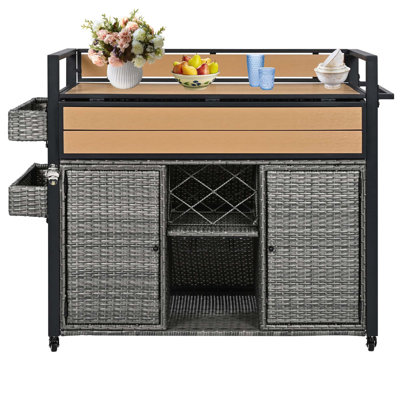 52.8"W Wicker Outdoor Grill Cart with Extended Plastic Wood Table Top, Rolling Kitchen Island on Wheels with Storage Cabinet, for Patio Backyard Garden Poolside, Double Handle Design