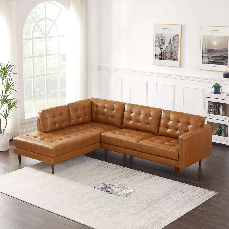 Lucco Genuine Leather Sectional In Cognac Tan, Left Hand Facing