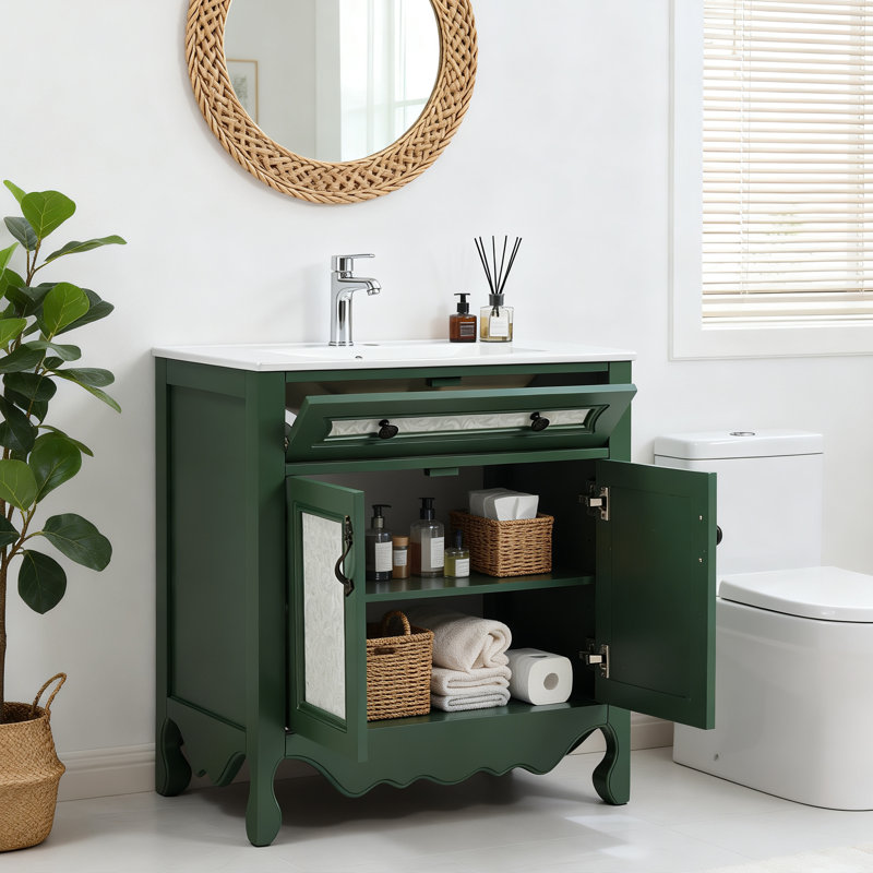 Meuble-lavabo de salle de bain rétro 30 po avec lavabo rectangulaire en céramique, meuble-lavabo avec poignées antiques, meuble de rangement avec pieds en bois d'hévéa