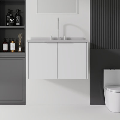 Meuble-lavabo flottant 30 po avec lavabo, porte à fermeture douce, comptoir et dosseret en marbre de granite blanc de 2 po, contreplaqué, blanc