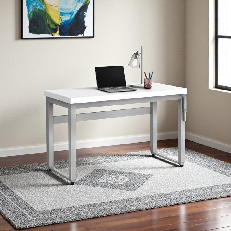 Payton White Finish Height Adjustable Computer Desk With Silver Leg, 29.36" H X 47.01" W X 23.5" D