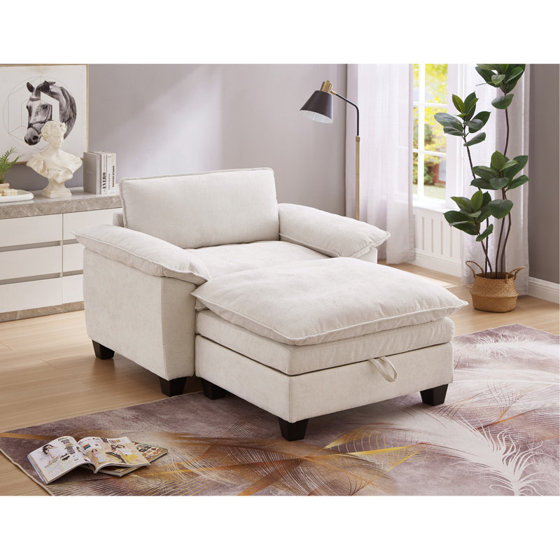 Méridienne surdimensionnée de 51 po avec repose-pieds et rangement en chenille douce beige, Beige