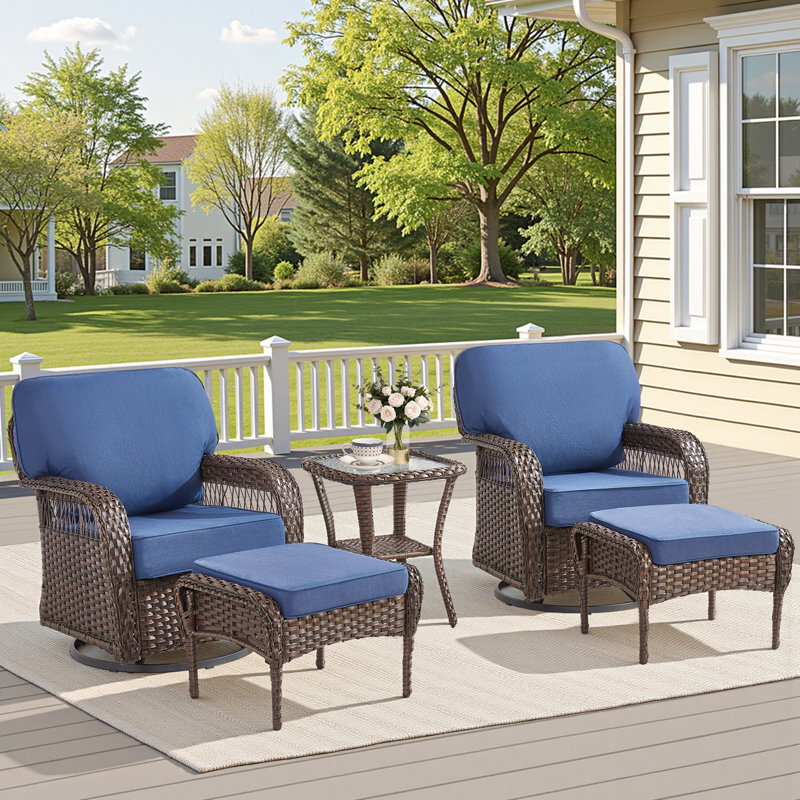 Ensemble de 5 pièces en rotin d'extérieur de qualité supérieure, 2 chaises coulissantes pivotantes avec dossiers en forme de T, 2 repose-pieds multifonctionnels et une table d'appoint en verre renforcé pour le patio, le jardin, la piscine et la cour