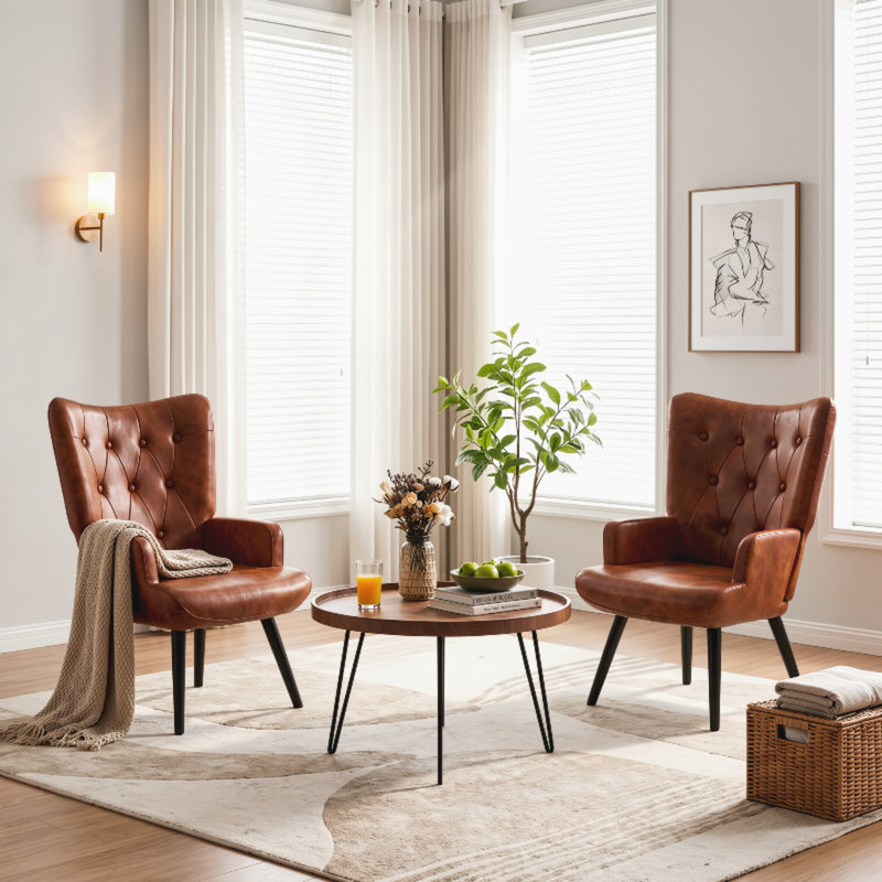 Accent Chairs Set Of 2, Comfy Upholstered Armchair With Metal Legs, High Backrest Living Room Chair, Wingback Chair Mid Century Modern For Living Room/Vanity/Bedroom, Brown