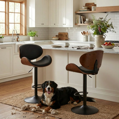 Adjustable Height Bar Stool, Swivel Upholstered Counter Stool with Bentwood, Barstool with Footrest