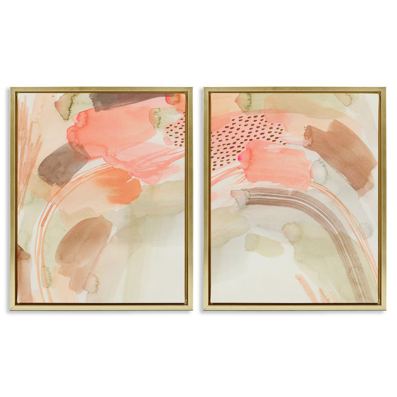 "Pink Peach", aquarelle abstraite, ensemble de 2 toiles flottantes encadrées par Grace Popp, H 21 po x l 17 po