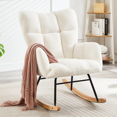 Chaise berçante en tissu, structure en métal, conception ergonomique pour le confort dans la maison et la chambre à coucher, blanc, limite de poids de 300 lb