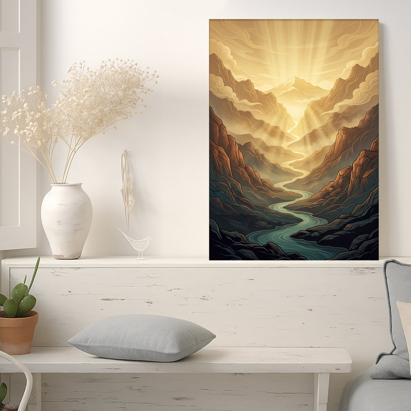 «Teal River Winding Through Golden Mountain Canyon», art mural, 40"H x 28"W