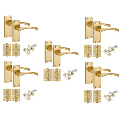 Golden Grace 5 Pairs Victorian Design Astrid Door Handle Internal Pack Satin Brass Finish - Bathroom and Lock Set with Hinges - 120mm x 40mm
