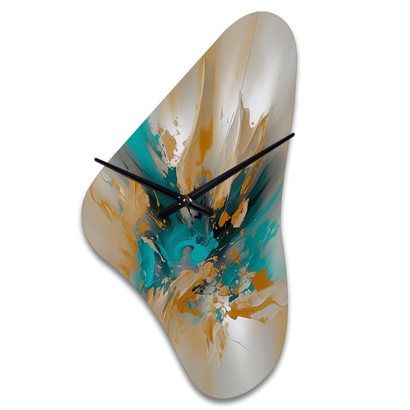 Jaune et turquoise, encre fluide en marbre - horloge murale asymétrique en métal, impression de forme unique jaune, Médium