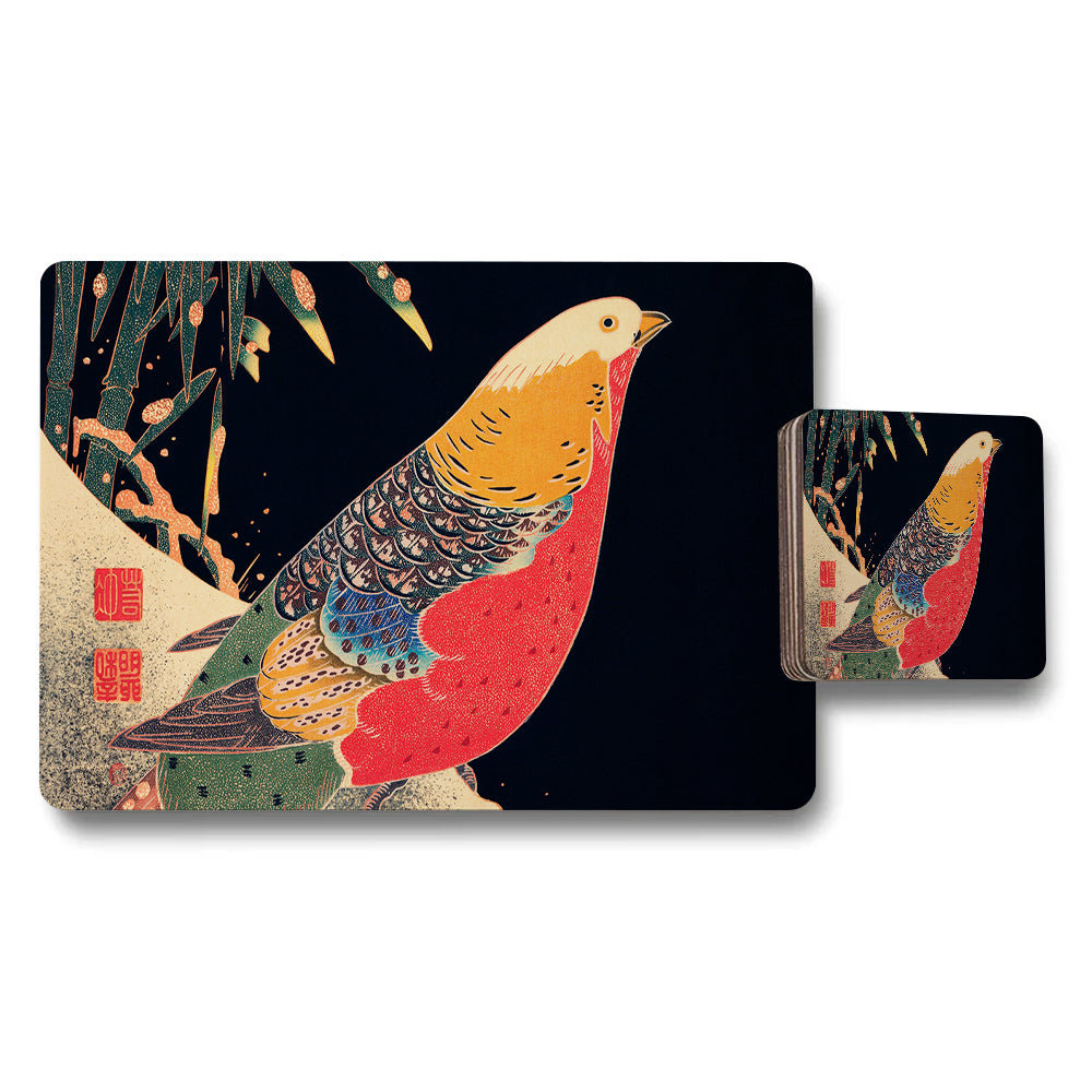 Japanese Style Bird Themed Placemat And Coaster Set For Dining Table Decor
