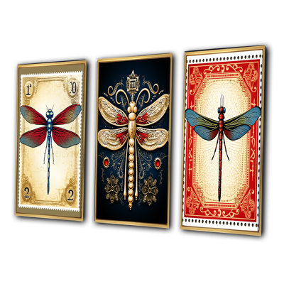 " Retro Stamp Illustration Of Red Dragonfly " 3 - Pieces