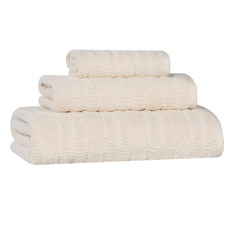 Mika Smart Twist Viscose Cotton Blend Medium Weight Solid Textured Ribbed 3 Piece Towel Set, Ivory