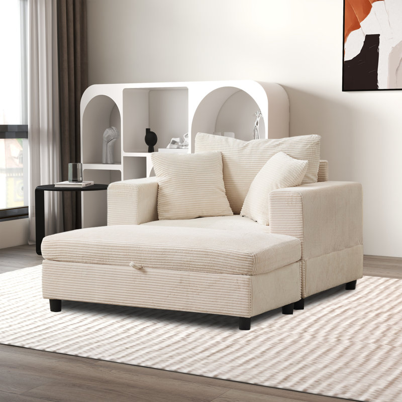 Chaise longue avec repose-pieds de rangement amovible, Beige
