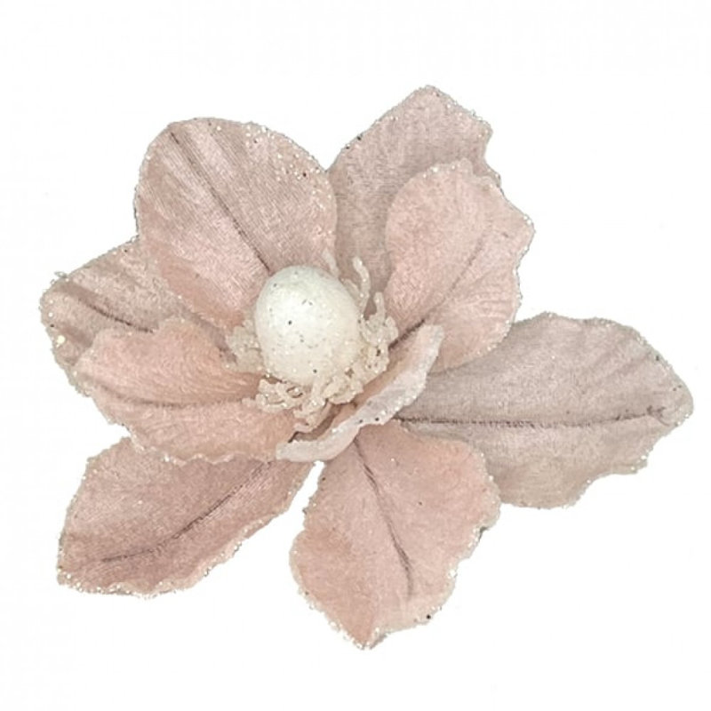 Glitter Magnolia Head With Clip Artificial Flower, Pink