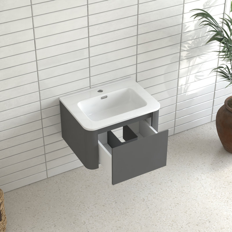 Meuble-lavabo gris avec dimensions de 24 pouces, conception flottante, lavabo en céramique blanche, poignée en angle 45 po, tiroir à fermeture en douceur, structure imperméable, rangement spacieux pour les articles de toilette, style américain, idéal