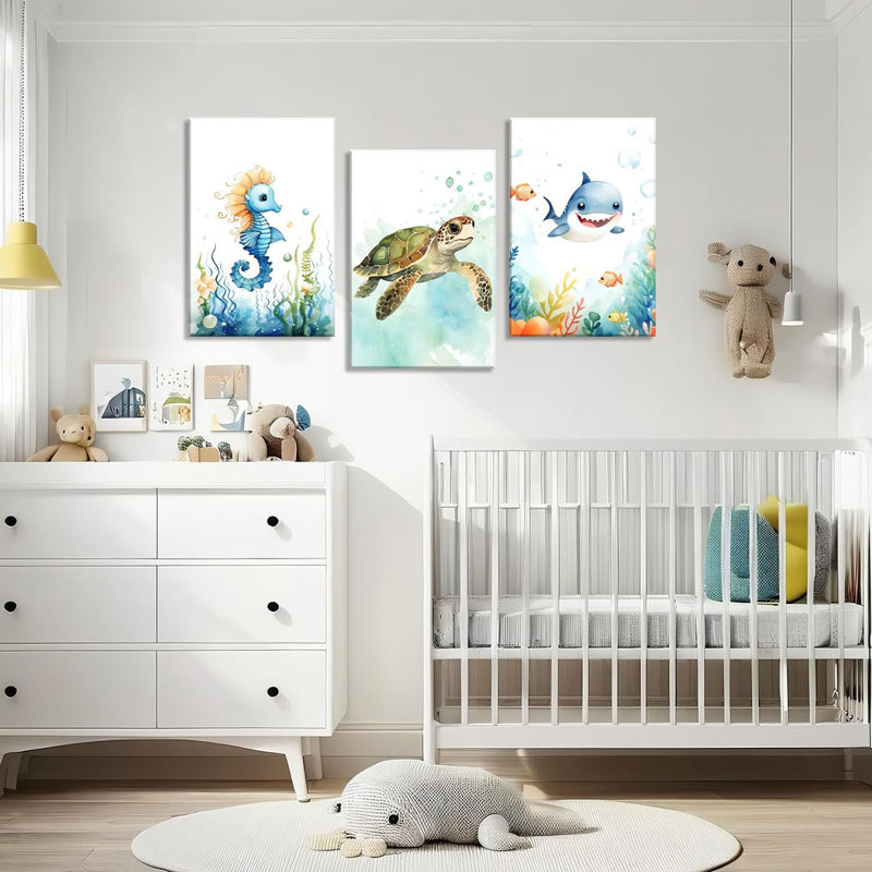 Nursery Canvas Wall Art 3 Piece Cut Sea Turtle Whale Sea Horse Picture Cut Ocean Animal Painting Prints for Kids Room Living Room Bathroom Wall Decor Framed(Art-5,16.00"x24.00"x3P)
