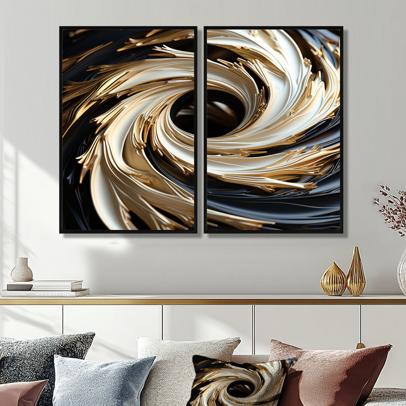 Spirale abstraite blanche et dorée abstraite - spirales abstraites, art mural, 36" H x 48" W, Impression encadrée flottante
