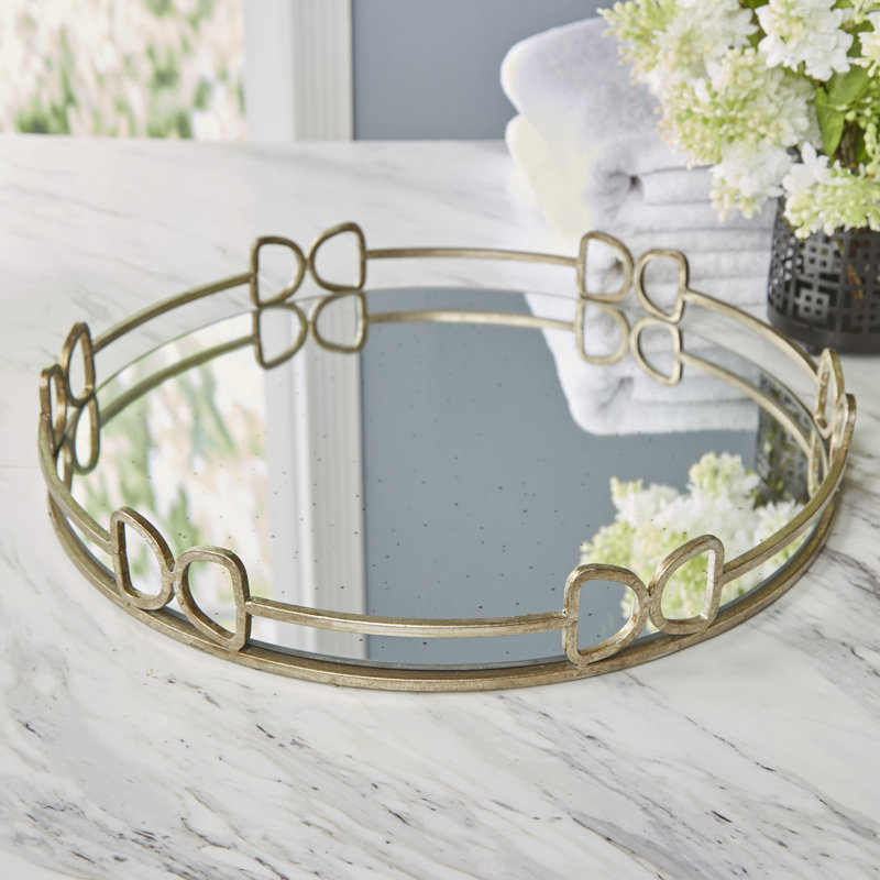18” Round Mirrored Tray with Distressed Silver Iron Frame, Transitional Home Accent for Living Room, Bedroom, or Entryway