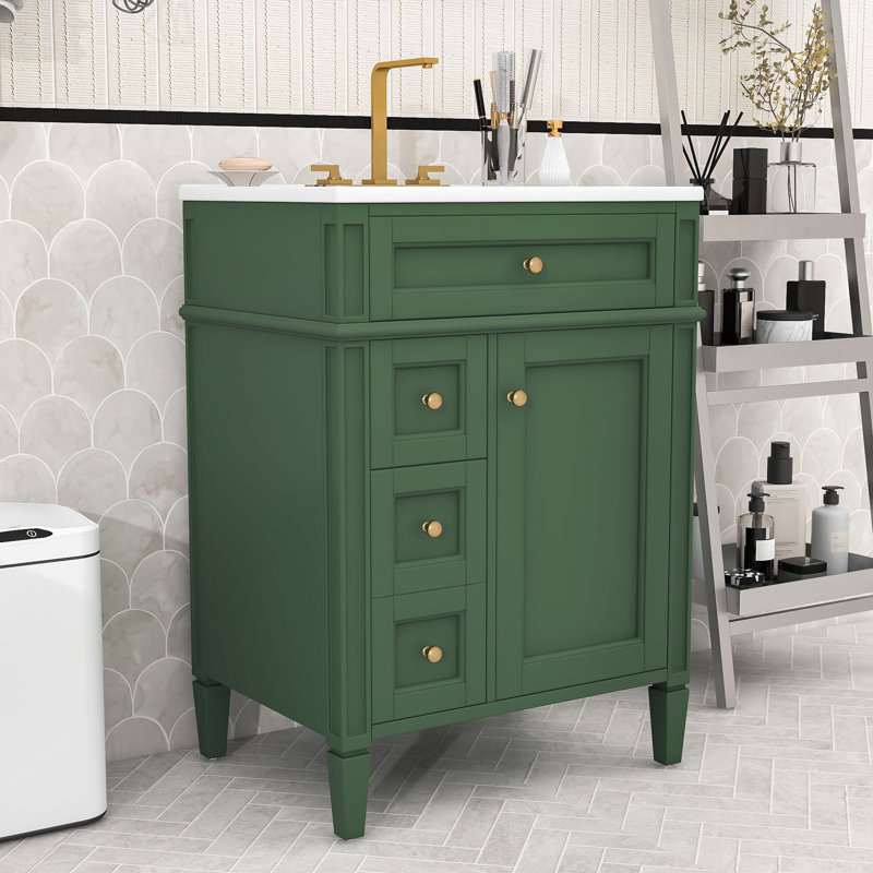 Élégant meuble-lavabo autoportant avec rangement spacieux, lavabo en céramique et fermeture en douceur, Vert