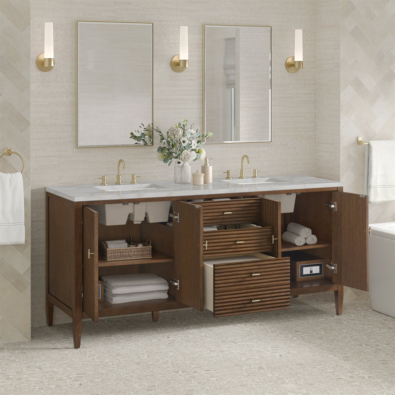Myrrin 72'' W Double Vanity, Mid-Century Walnut, Victorian Silver Silestone, 8" Widespread