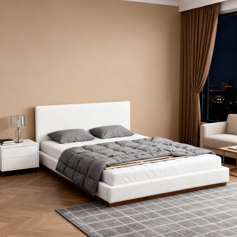 Élégant lit tapissier en tissu blanc avec joli cadre en bois massif texturé grain de bois, blanc, très grand, Très grand