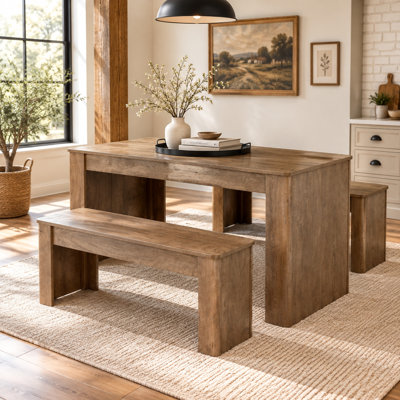 Ensemble de table de salle à manger 55,1 po avec 2 bancs, ensemble de salle à manger en bois d'ingénierie avec bancs gigognes peu encombrants