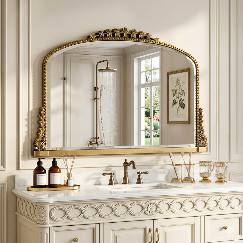 Miroir de salle de bain rétro gravé, miroir mural arqué, Or, 24"×36"