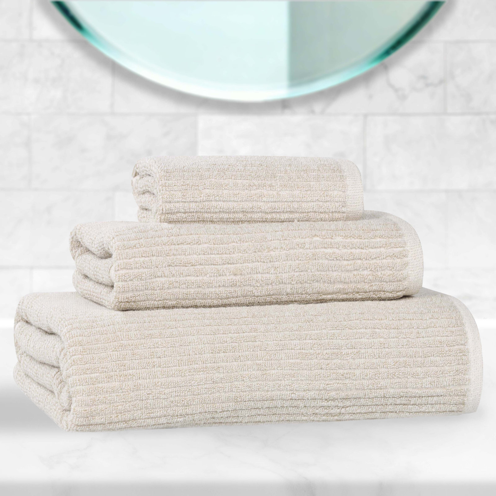 Amberg 3-Piece Ribbed Cotton Towel Set, Beige