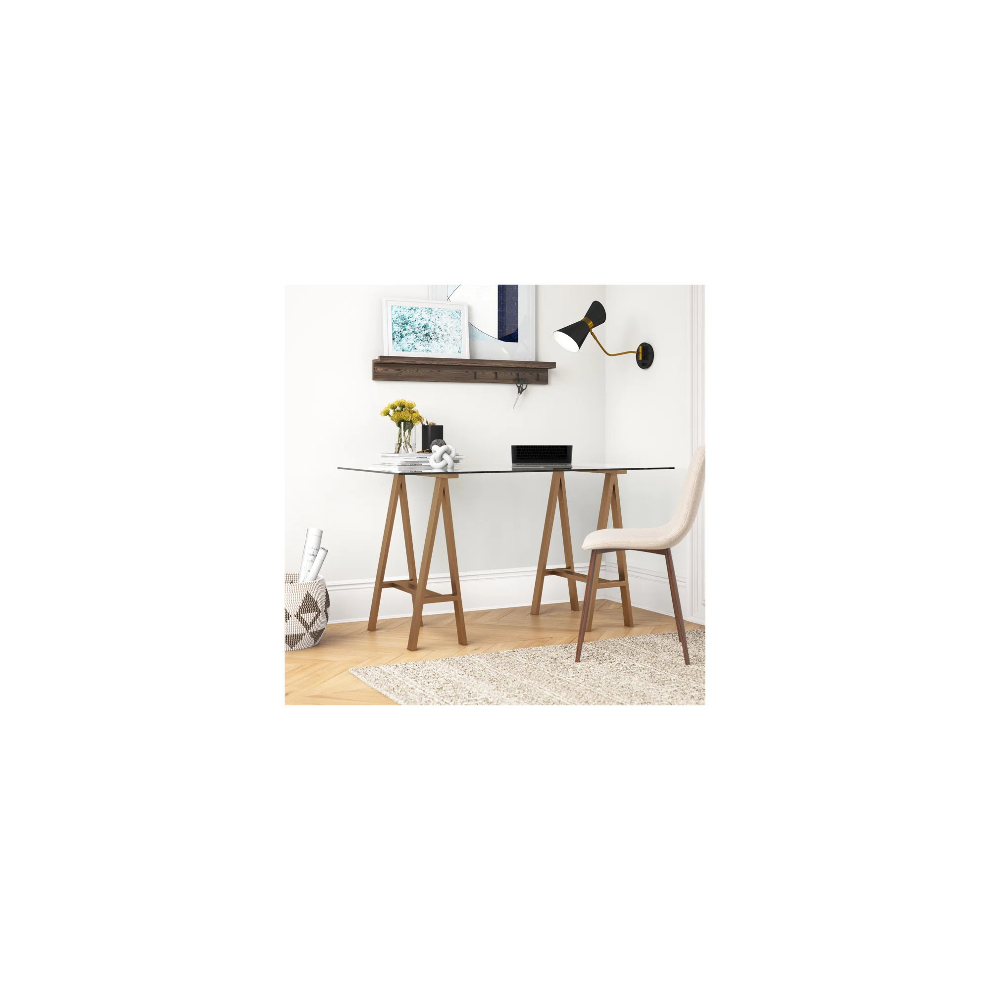 Tigerlily Glass Desk, 30" H x 71" W x 36" D, Brushed Brass