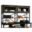 Bois d'ingénierie industriel brun pour le bureau, 3 tablettes horizontales réglables, portes en verre trempé encadrées, configuration ouverte à l'arrière, utilisation dans la conception du bureau, matériau, configuration des tablettes