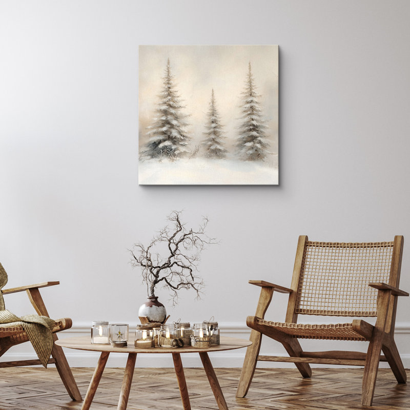 «Christmas Vintage Winter Landscape Pine Tree Holiday Neutral Decor», reproduction d'art sur toile encadrée, Toile tendue