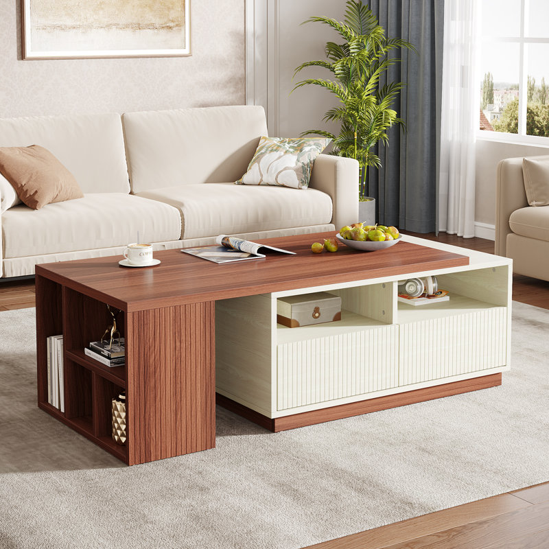 Extendable Coffee Table With 2 Drawers And Storage Shelves, Rectangular Wood Center Table With Reversible Tabletop For Living Room