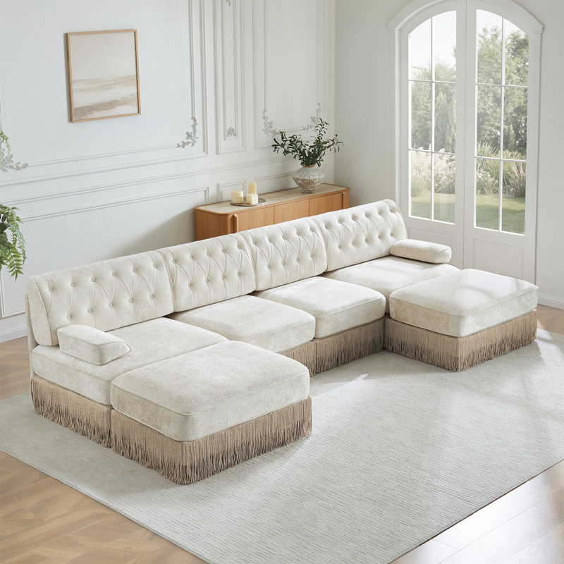 Canapé Chesterfield, Beige, 34.2" H x 135.6" W x 60.3" D, 4