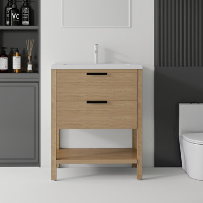 Meuble-lavabo autoportant de 30 po avec lavabo et tiroir à fermeture en douceur pour petites salles de bain